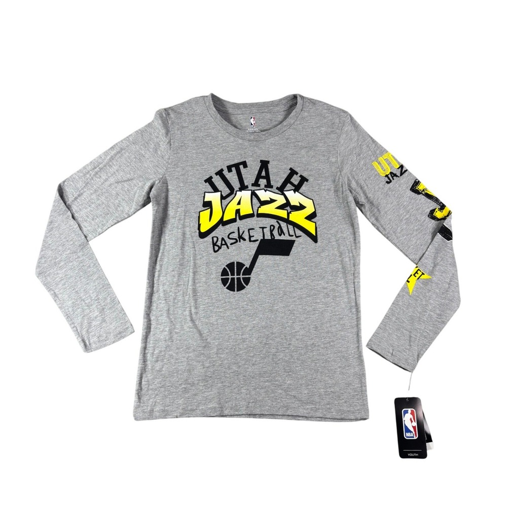 NBA Utah Jazz Youth Medium Gray Long Sleeve Basketball T-Shirt NWT